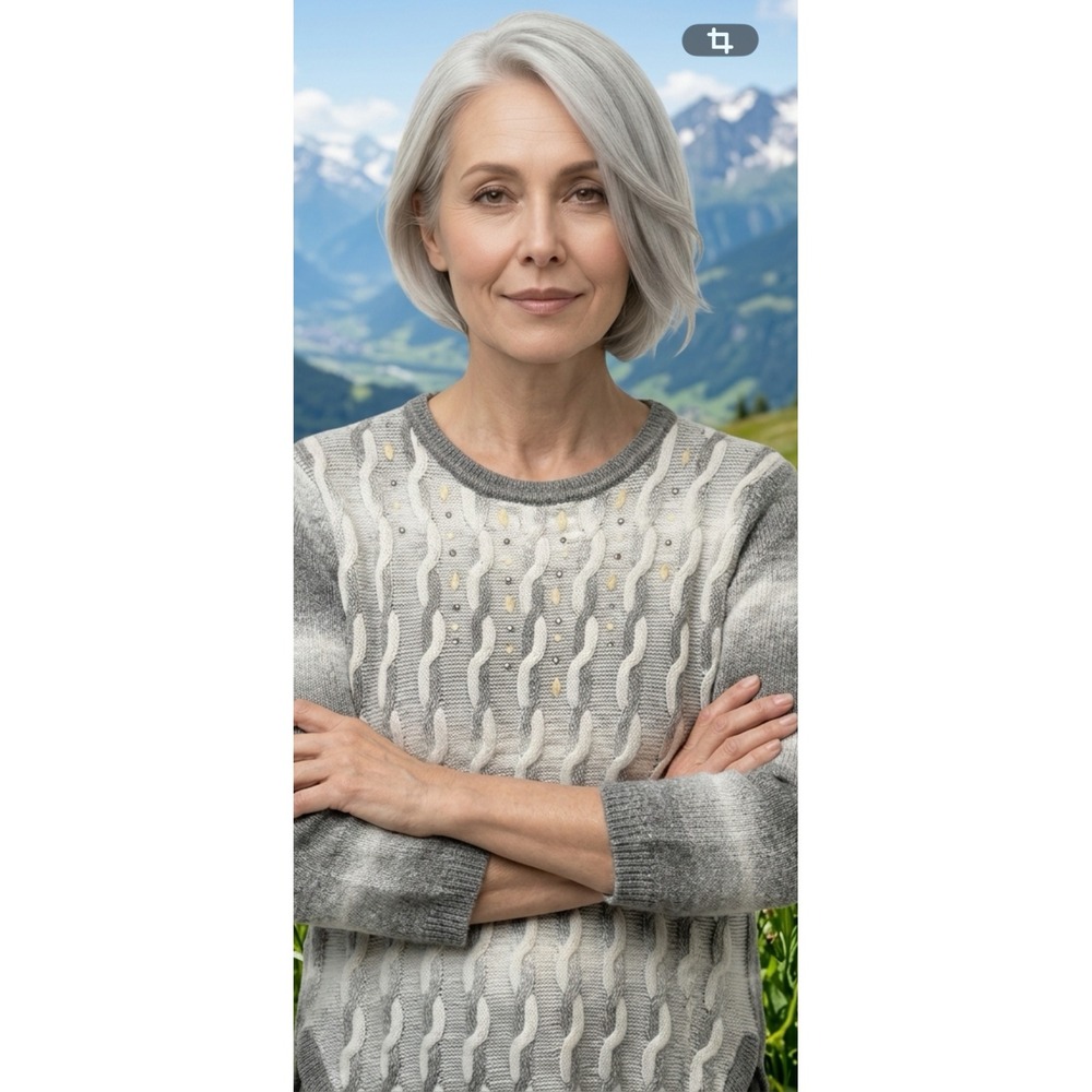 Alfred Dunner Petite PM Grey Ombre Cable Knit Beaded Sweater 3/4 Sleeve